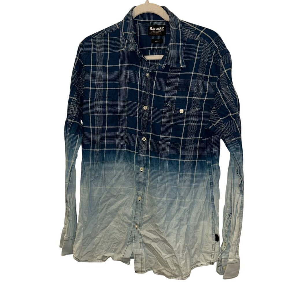 barbour indigo blue ombre plaid mens button down shirt slim M